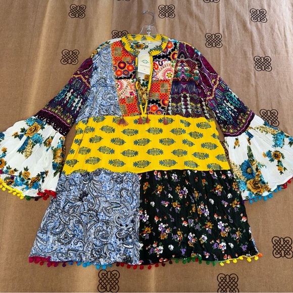 Anandas Collection NWT! Yellow/Multi Patchwork Boho Chic Shift Dress Top Coverup - Picture 1 of 17